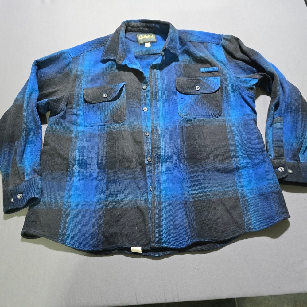 Cabelas Flannel Shirt Mens 2XL Blue Black Plaid Roughneck Cotton Button Down